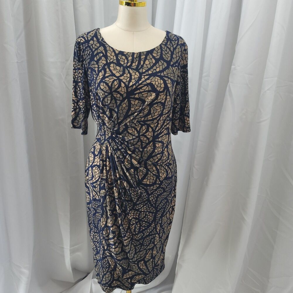 Connected Apparel Faux Wrap Midi Dress Navy Tan Abstract Mosaic Stretch Size 16